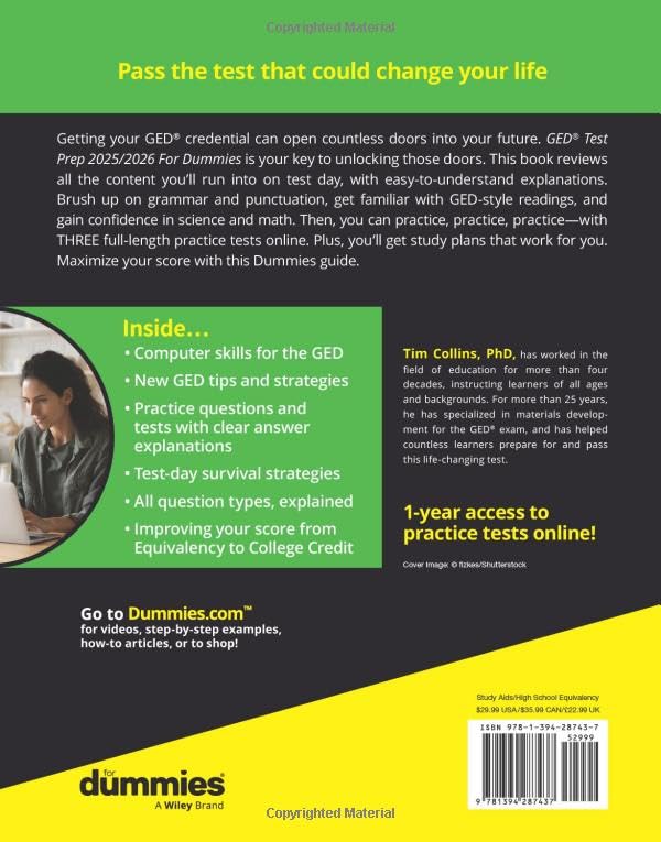 GED Test Prep 2025/2026 For Dummies: Book + 3 Practice Tests Online (For Dummies (Career/Education))