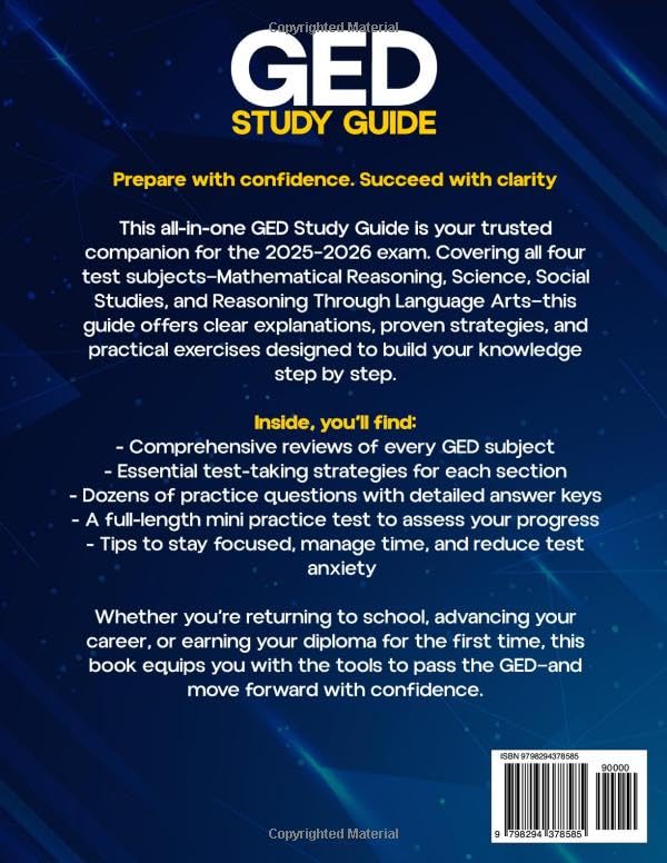 GED Study Guide 2025–2026: All Subjects | The Complete Prep Book for the GED Test. Math, Science, Social Studies, and Reasoning Through Language Arts – With Practice Questions and Study Tips
