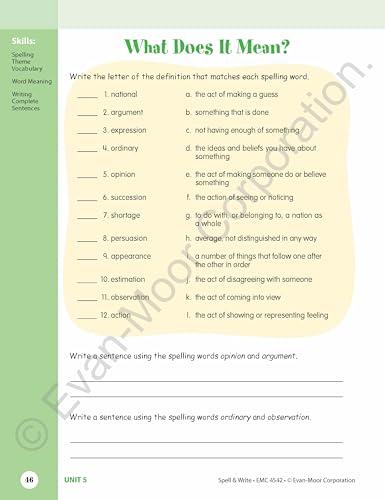 Evan-Moor Skill Sharpeners Spell and Write Workbook, Grade 6, 144 Spelling Words, Test Prep, Synonyms, Antonyms, Grammar, Punctuation, Adjectives, Creative Writing, Vocabulary, Activities, Homeschool