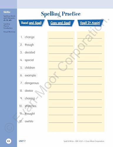 Evan-Moor Skill Sharpeners Spell and Write Workbook, Grade 5, 144 Spelling Words, Test Prep, Compound Words, Conjunctions, Grammar, Punctuation, Creative Writing, Vocabulary, Activities, Homeschool