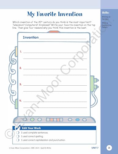 Evan-Moor Skill Sharpeners Spell and Write Workbook, Grade 5, 144 Spelling Words, Test Prep, Compound Words, Conjunctions, Grammar, Punctuation, Creative Writing, Vocabulary, Activities, Homeschool