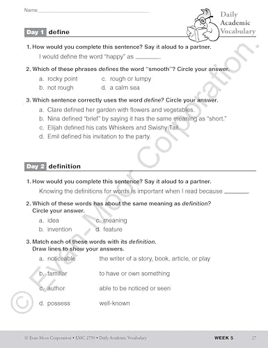 Evan-Moor Daily Academic Vocabulary Lessons, Grade 3, 36 Weeks of Instruction Give Students an Expanded Vocabulary Activities, Homeschooling and Classroom Resource Workbook, Definitions, Printables