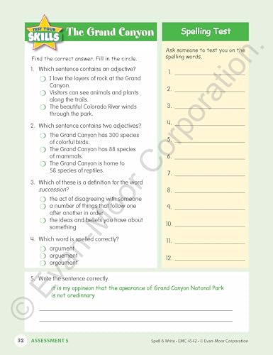 Evan-Moor Skill Sharpeners Spell and Write Workbook, Grade 6, 144 Spelling Words, Test Prep, Synonyms, Antonyms, Grammar, Punctuation, Adjectives, Creative Writing, Vocabulary, Activities, Homeschool