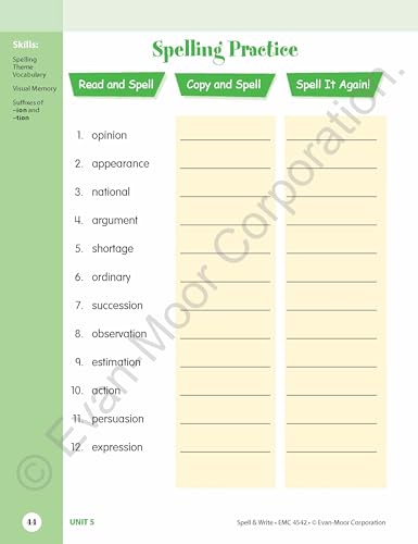 Evan-Moor Skill Sharpeners Spell and Write Workbook, Grade 6, 144 Spelling Words, Test Prep, Synonyms, Antonyms, Grammar, Punctuation, Adjectives, Creative Writing, Vocabulary, Activities, Homeschool