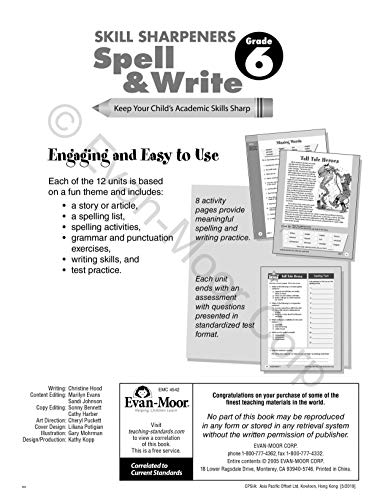 Evan-Moor Skill Sharpeners Spell and Write Workbook, Grade 6, 144 Spelling Words, Test Prep, Synonyms, Antonyms, Grammar, Punctuation, Adjectives, Creative Writing, Vocabulary, Activities, Homeschool