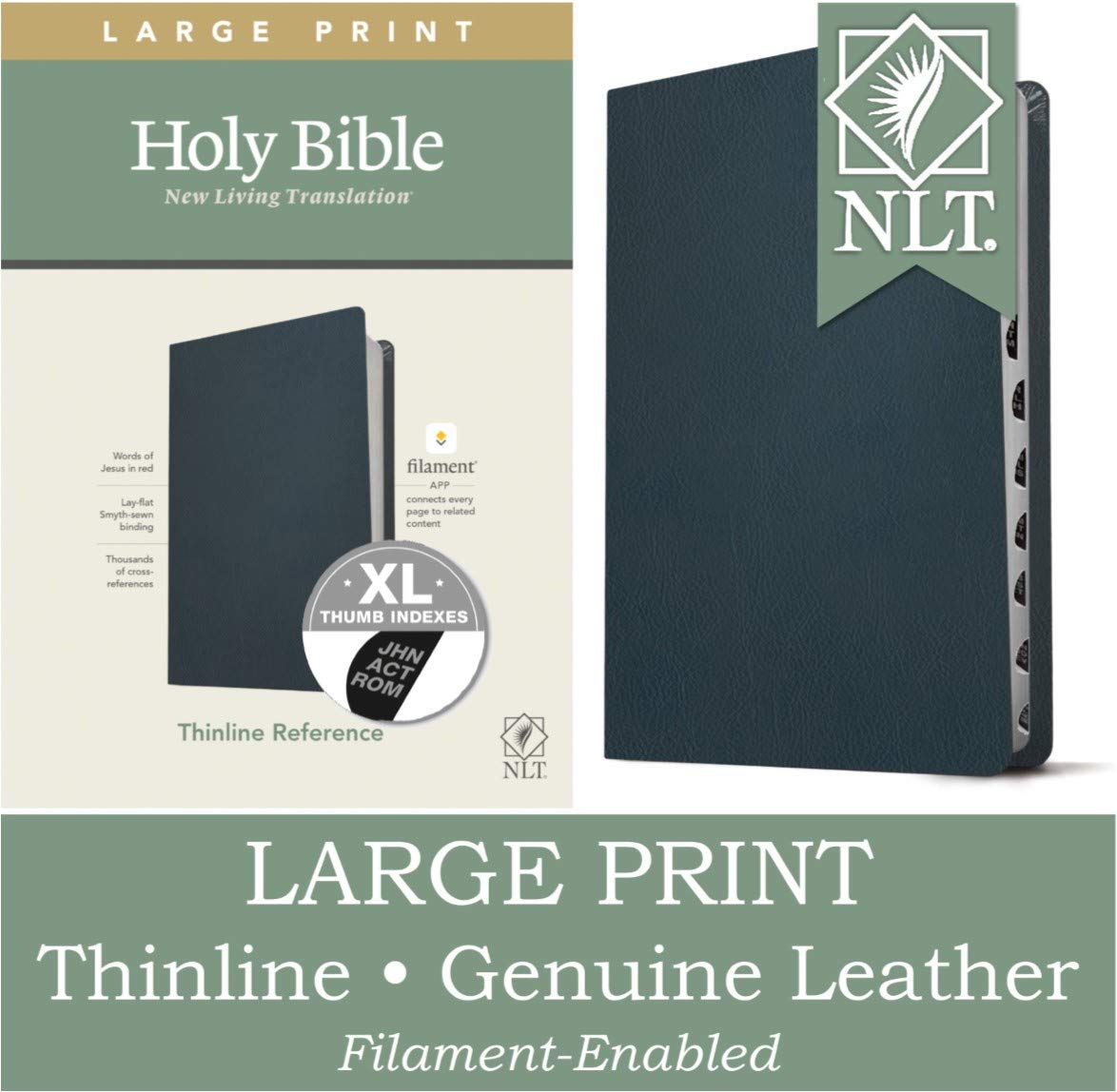 NLT Large Print Thinline Reference Holy Bible (Red Letter, Genuine Leather, Navy Blue, Indexed): Includes Free Access to the Filament Bible App ... Notes, Devotionals, Worship Music, and Video
