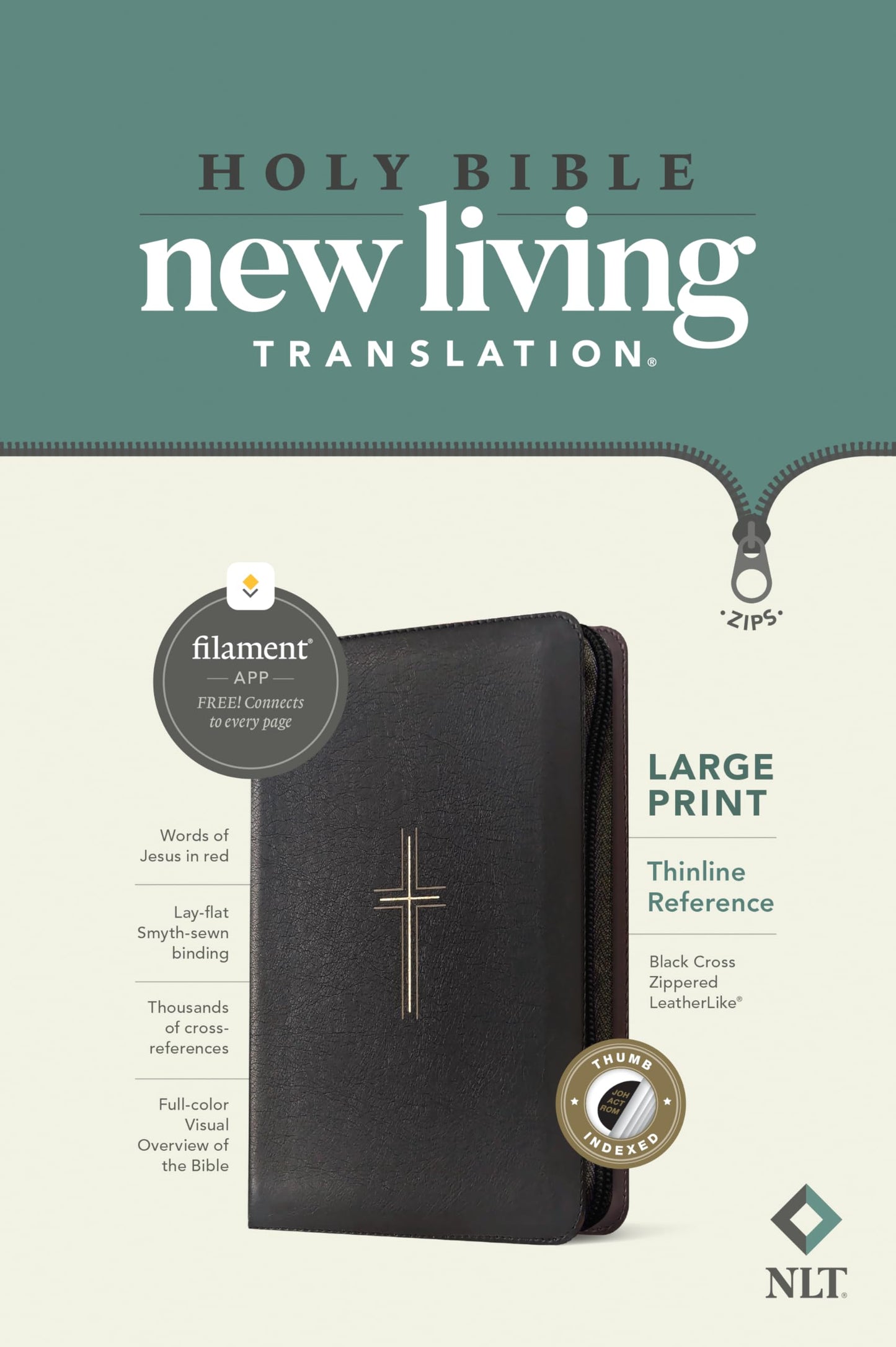 NLT Large Print Thinline Reference Zipper Bible, Filament Enabled (LeatherLike, Black Cross, Indexed, Red Letter)