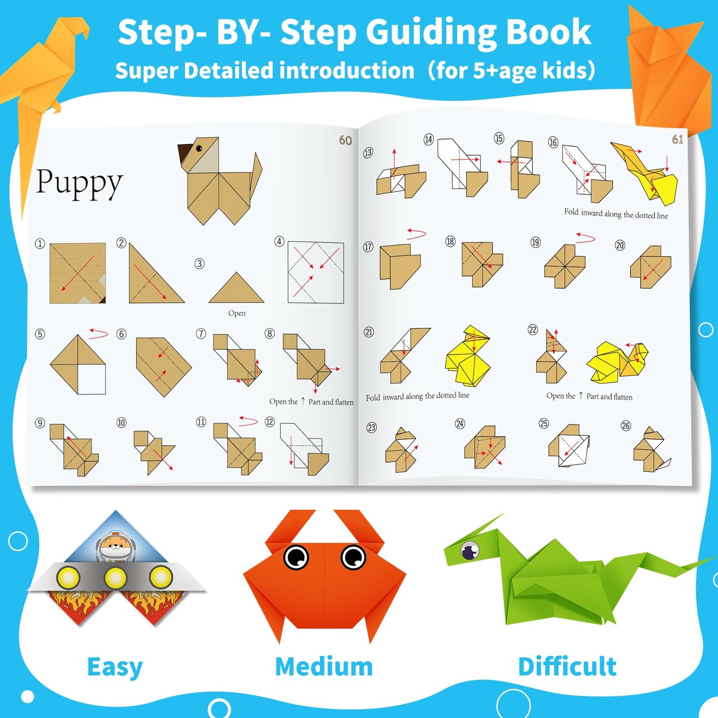 Kalysky Origami Paper Kit for Kids Ages 5-8 8-12, 150 Sheets Origami Book, with Guiding Book, DIY Art and Crafts Supplies, Travel Game Airplane Car Road Trip Activities Toy Gifts