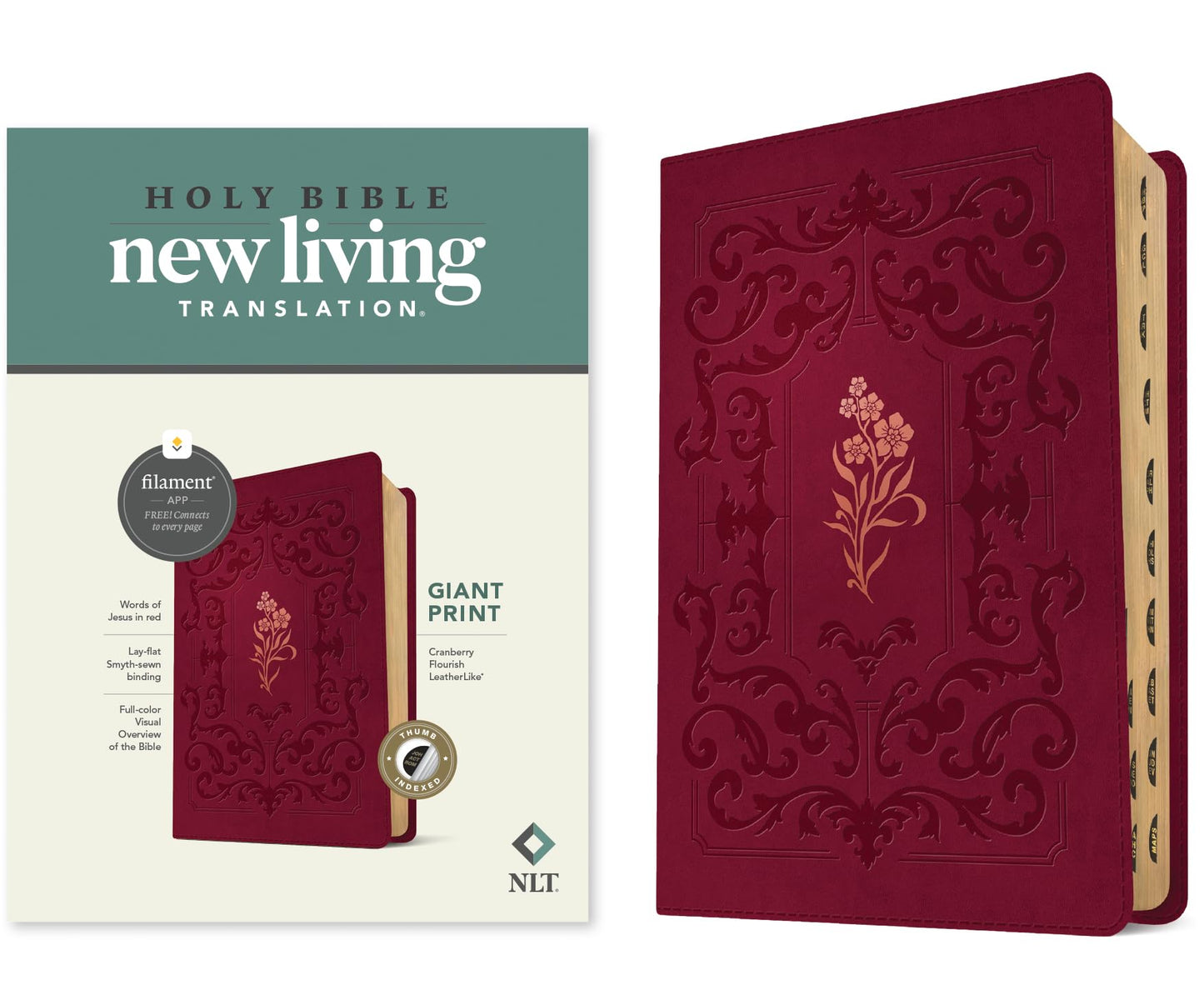 NLT Giant Print Bible, Filament Enabled (LeatherLike, Cranberry Flourish, Indexed, Red Letter)