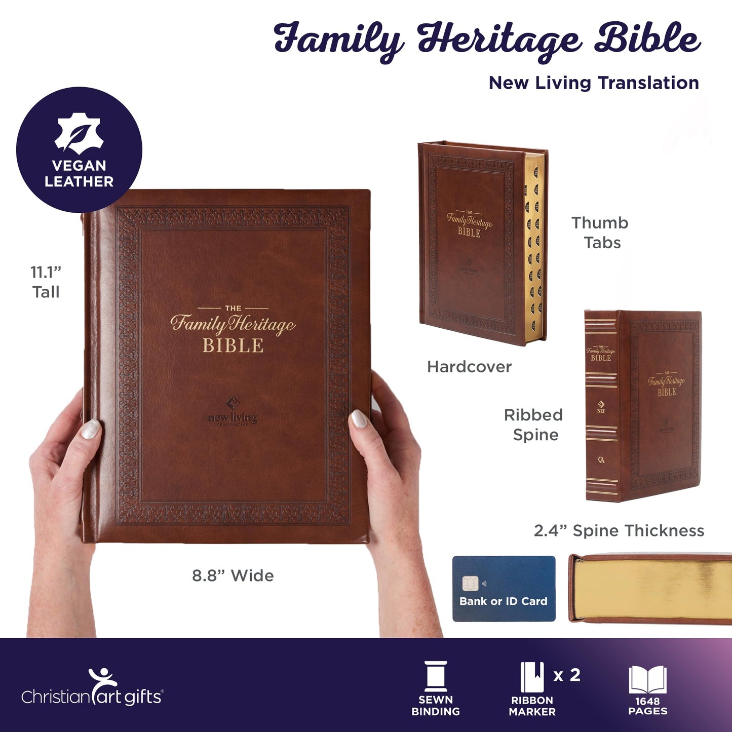 NLT Family Heritage Bible, Large Print Family Heirloom Devotional Bible for Study, New Living Translation Holy Bible Vegan Leather Hardcover, ... Content, Brown (NLT Family Heritage Editions)