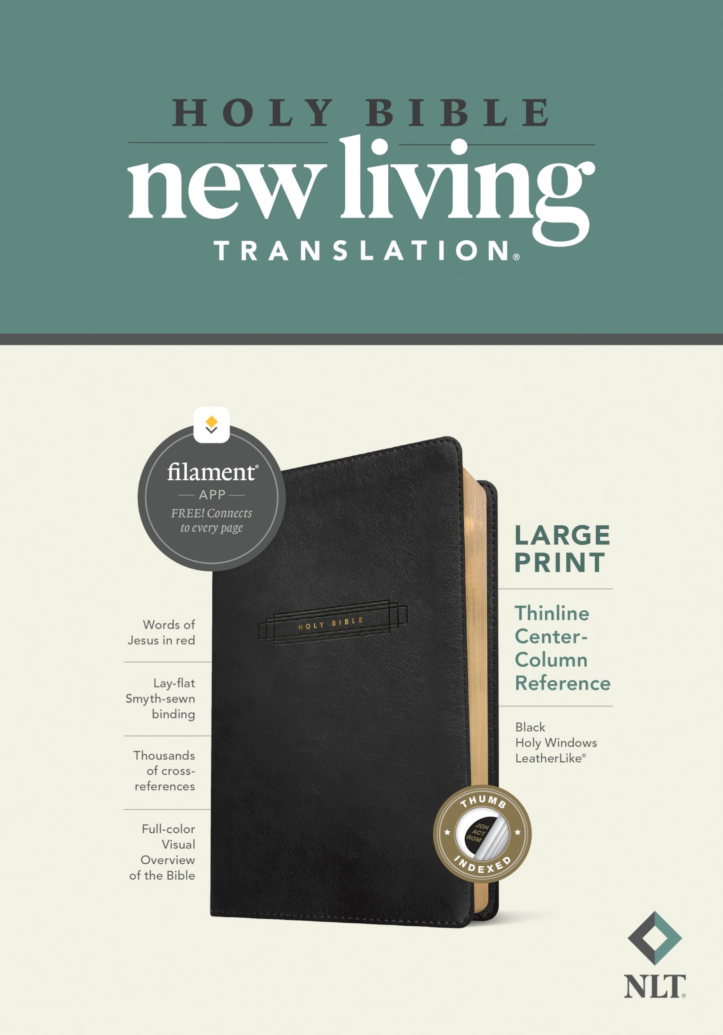 NLT Large Print Thinline Center-Column Reference Bible, Filament Enabled (LeatherLike, Black Holy Windows, Indexed, Red Letter)