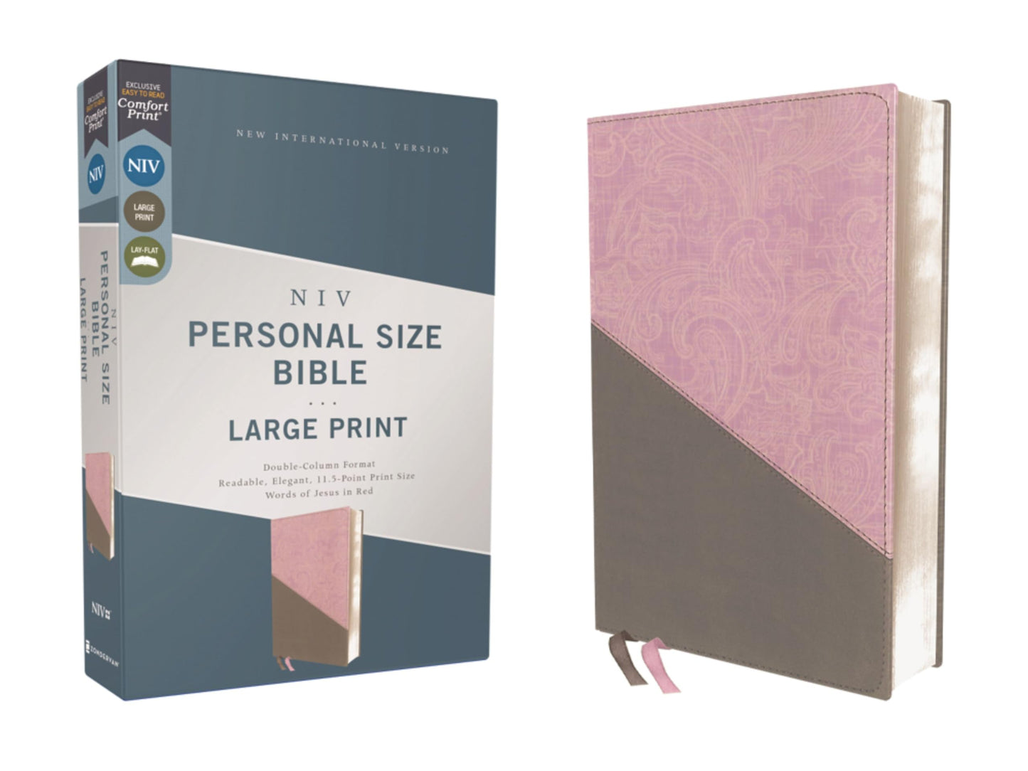 NIV, Personal Size Bible, Large Print, Leathersoft, Pink/Gray, Red Letter, Thumb Indexed, Comfort Print