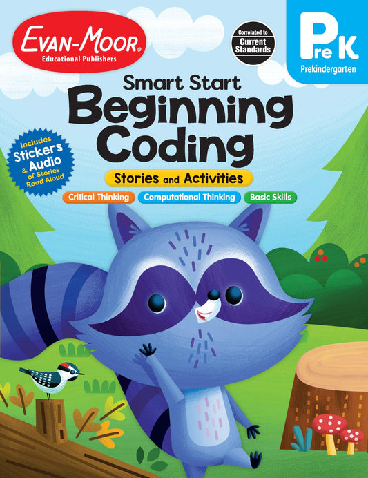 Evan-Moor Smart Start Beginning Coding, Grade PreK, Activity Workbook, Includes Stickers and Audio read along, Basic Skills, Critical Thinking, ... ... Beginning Coding Stories and Activities)