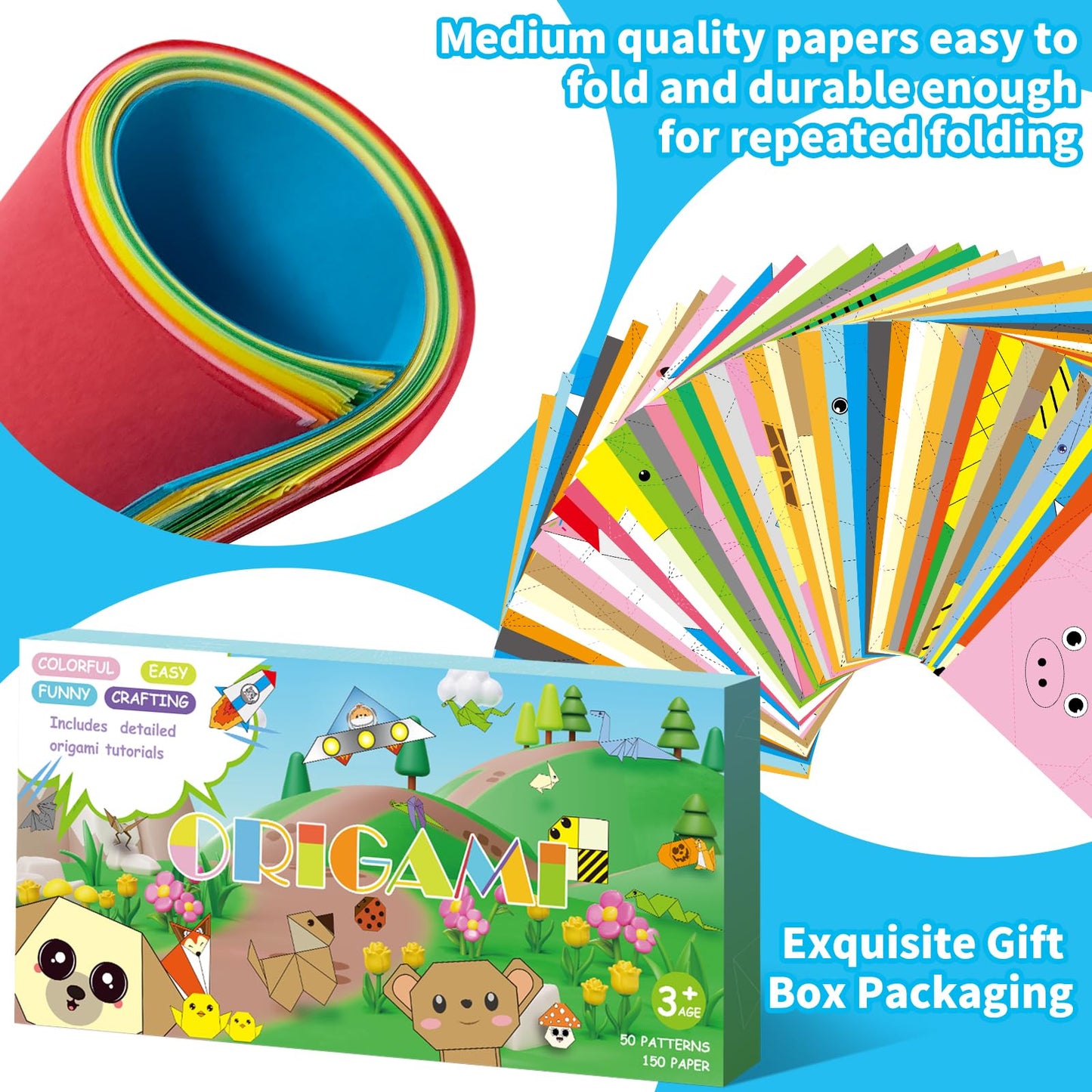 Kalysky Origami Paper Kit for Kids Ages 5-8 8-12, 150 Sheets Origami Book, with Guiding Book, DIY Art and Crafts Supplies, Travel Game Airplane Car Road Trip Activities Toy Gifts