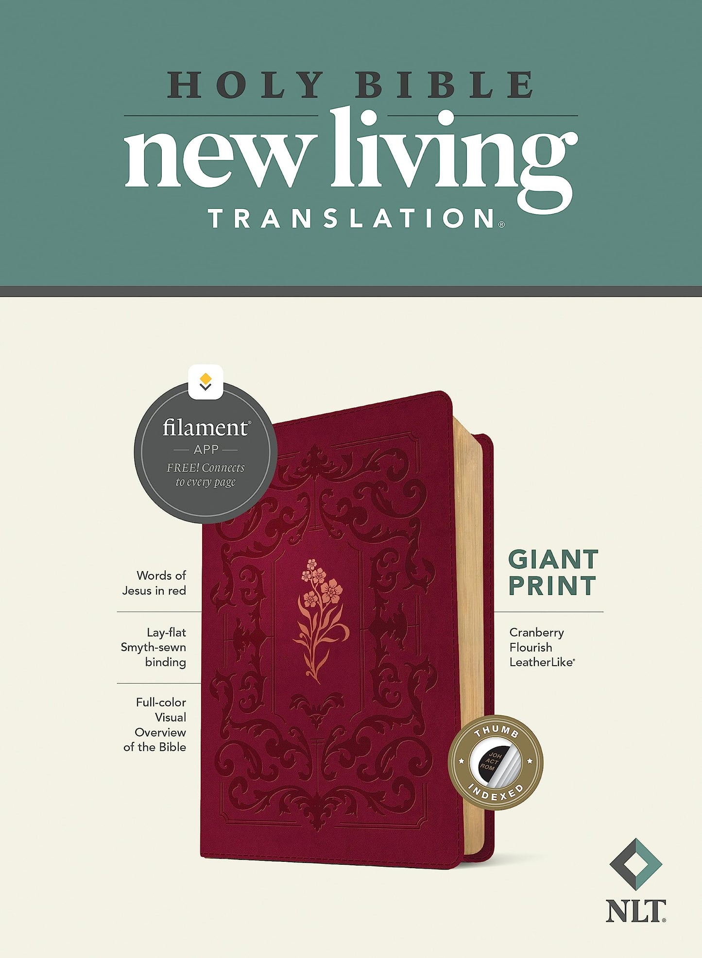NLT Giant Print Bible, Filament Enabled (LeatherLike, Cranberry Flourish, Indexed, Red Letter)