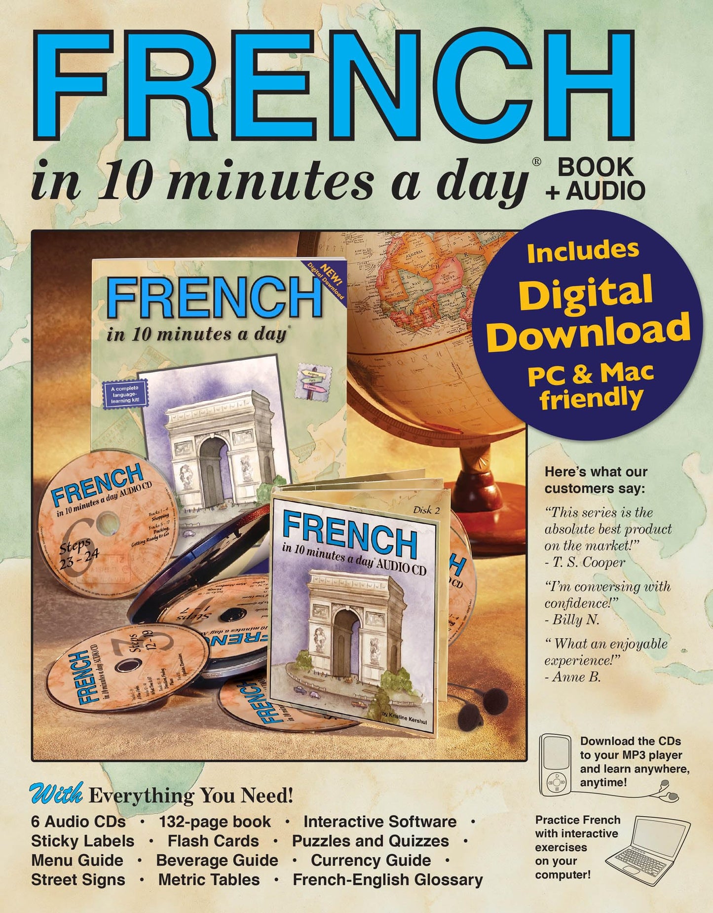 FRENCH in 10 minutes a day BOOK + AUDIO: Language course for beginning and advanced study. Includes Workbook, Flash Cards, Sticky Labels, Menu Guide, ... Grammar. Bilingual Books, Inc. (Publisher)