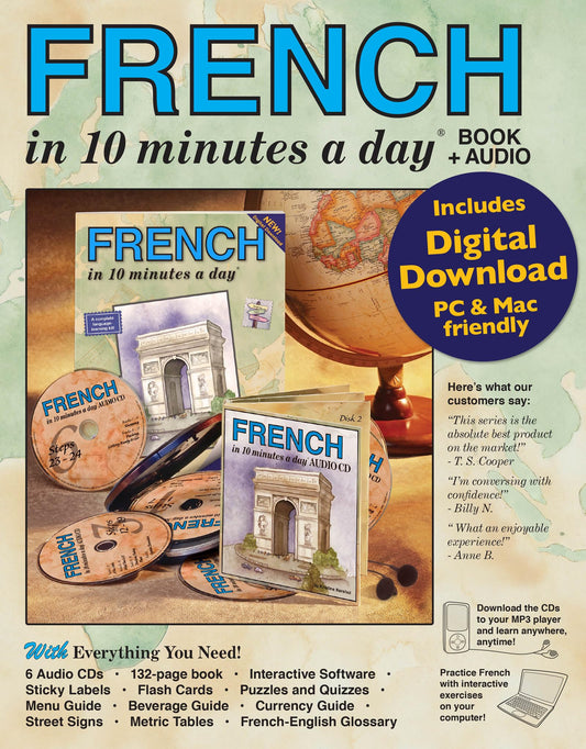 FRENCH in 10 minutes a day BOOK + AUDIO: Language course for beginning and advanced study. Includes Workbook, Flash Cards, Sticky Labels, Menu Guide, ... Grammar. Bilingual Books, Inc. (Publisher)