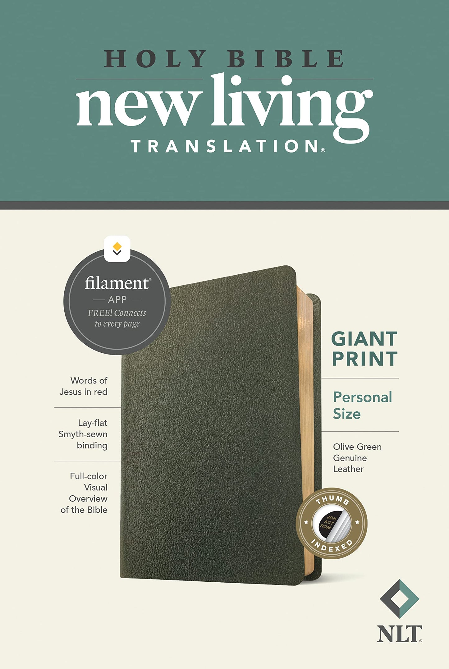 NLT Personal Size Giant Print Bible, Filament Enabled (Genuine Leather, Olive Green, Indexed, Red Letter)