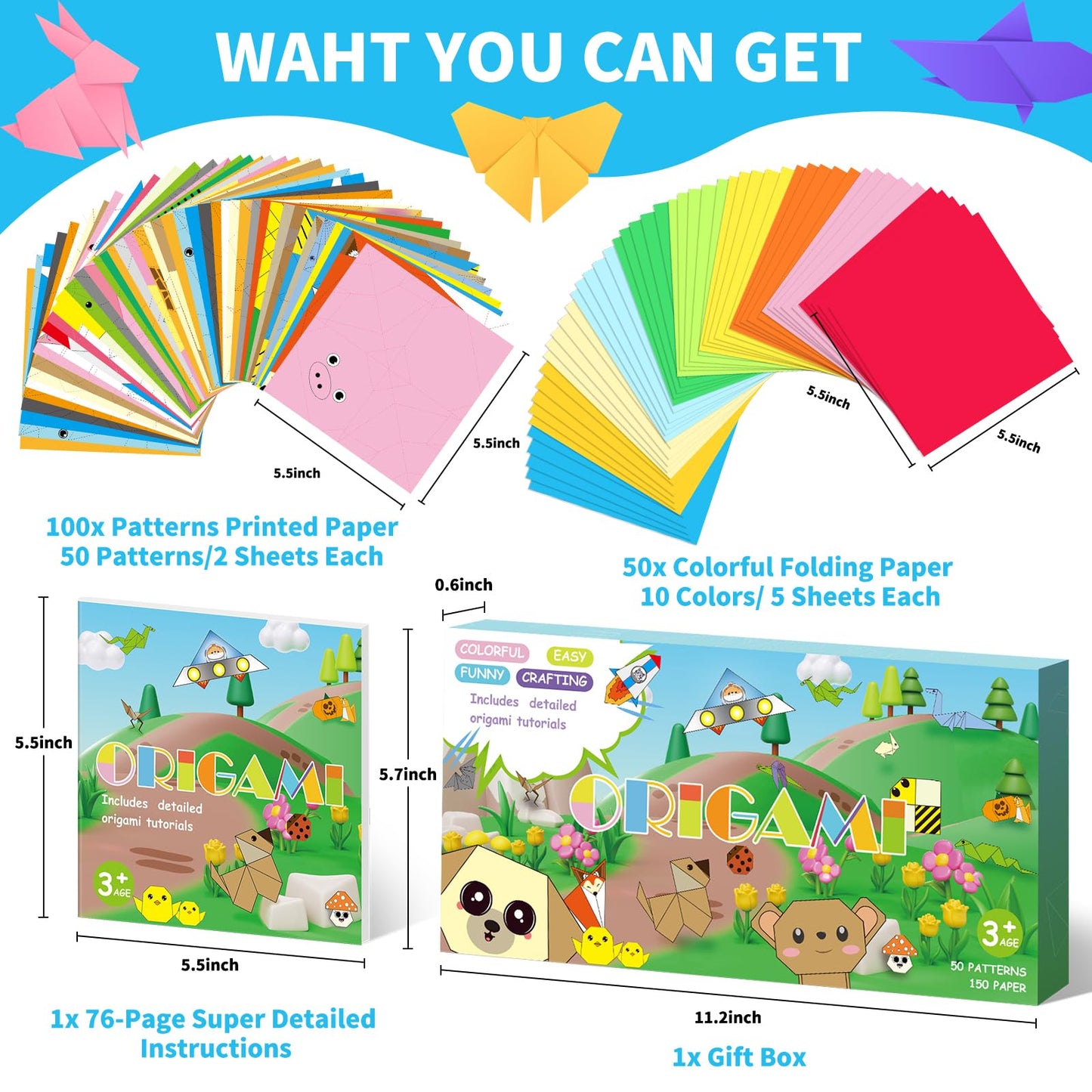 Kalysky Origami Paper Kit for Kids Ages 5-8 8-12, 150 Sheets Origami Book, with Guiding Book, DIY Art and Crafts Supplies, Travel Game Airplane Car Road Trip Activities Toy Gifts