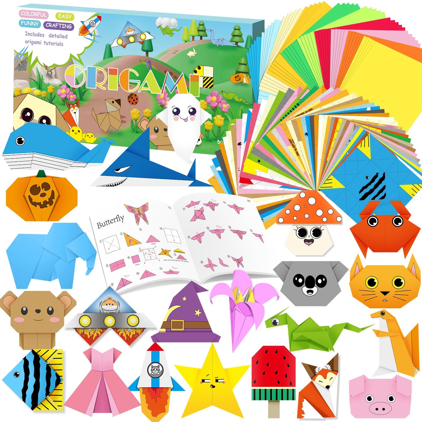 Kalysky Origami Paper Kit for Kids Ages 5-8 8-12, 150 Sheets Origami Book, with Guiding Book, DIY Art and Crafts Supplies, Travel Game Airplane Car Road Trip Activities Toy Gifts